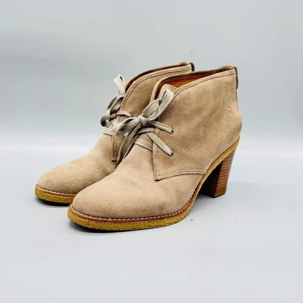 Coach Boots Womens 8 Beige Suede Nikol Ankle Lace Up Block Heel Booties Shoes